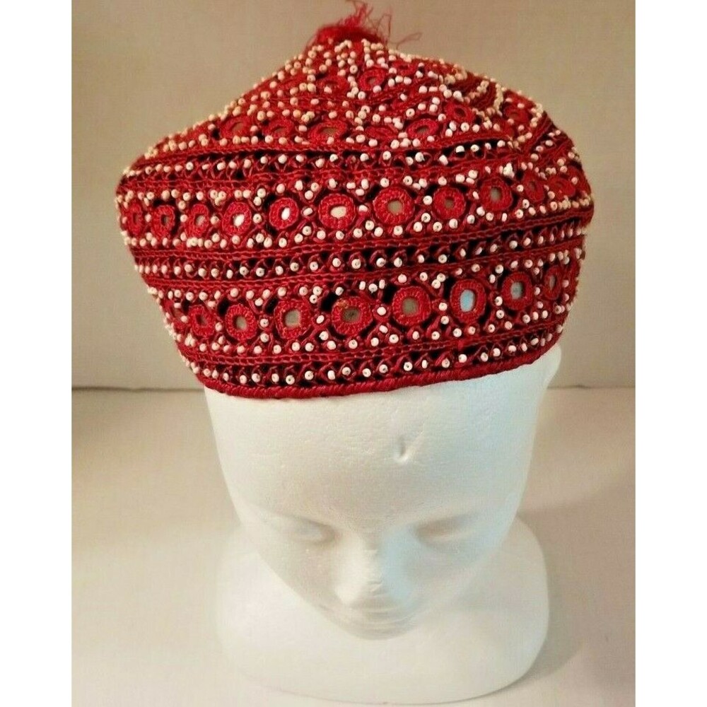 Vintage Adult Smoking Cap by Gump's San Francisco Red Metallic Insert Lounge Cap